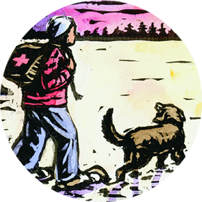 Illustration of a woman carrying a backpack snowshoeing on a lake with her dog