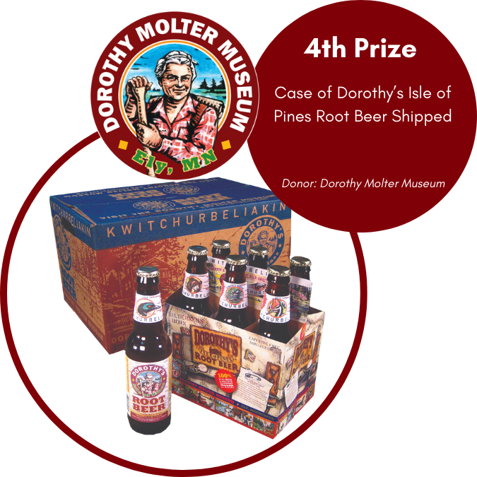 Dorothy Molter Museum logo and an image of Isle of Pines Root beer case, six pack and bottle