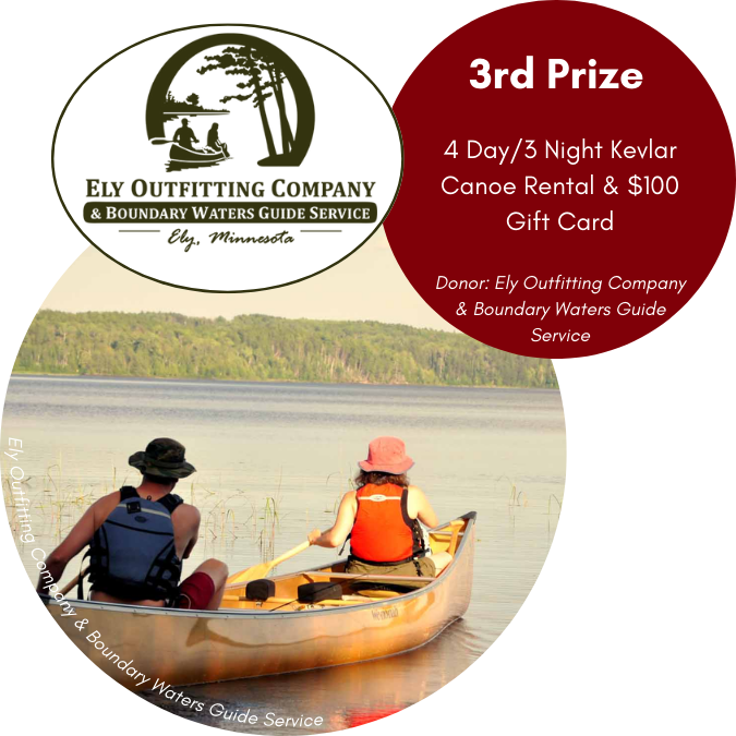 Ely Outfitting Company and Boundary Waters Guide Service business logo and an image of two people paddling a canoe on a lake
