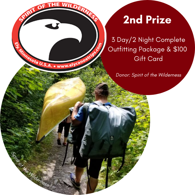 Spirit of the Wilderness business logo with an image of someone portaging a canoe and a man carrying a pack over a portage