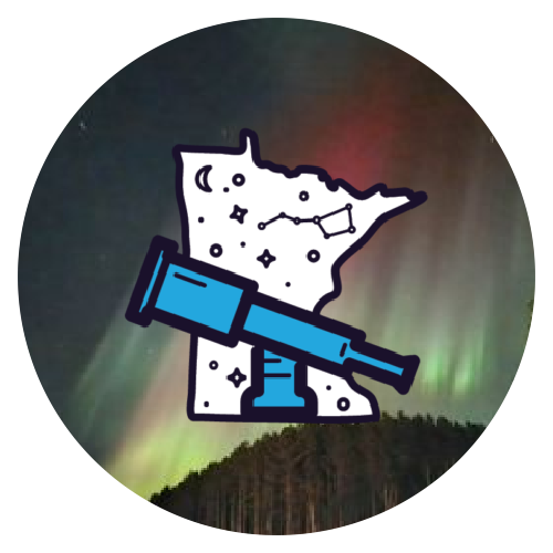 a telescope icon in front of the state of Minnesota icon with constellations in the design and a background image of the northern lights over trees