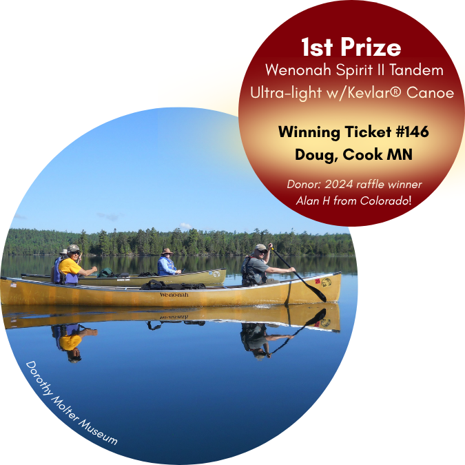 Text revealing the canoe winner, Doug from Cook MN and an image of three people paddling two canoes on a calm lake