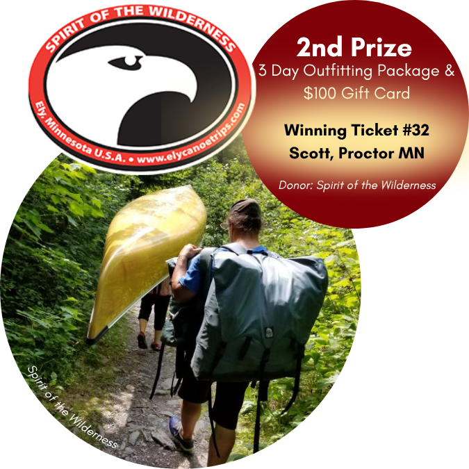 Spirit of the Wilderness logo with text of winning prize information and a picture of people portaging in the BWCAW