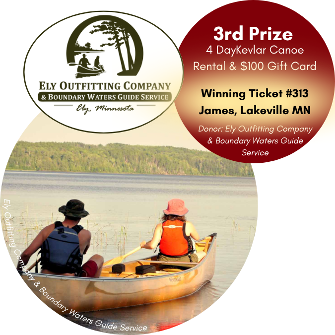 Logo for Ely Outfitting Company over text with the winner of a canoe trip and an image of two people canoeing on a calm lake