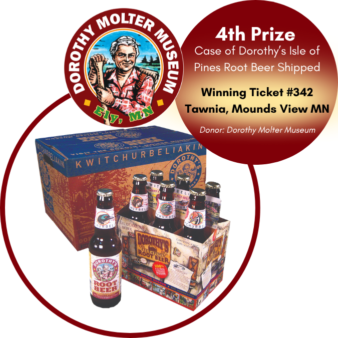 Dorothy Molter Museum logo with text of winning raffle ticket holder and an image of Dorothy's root beer