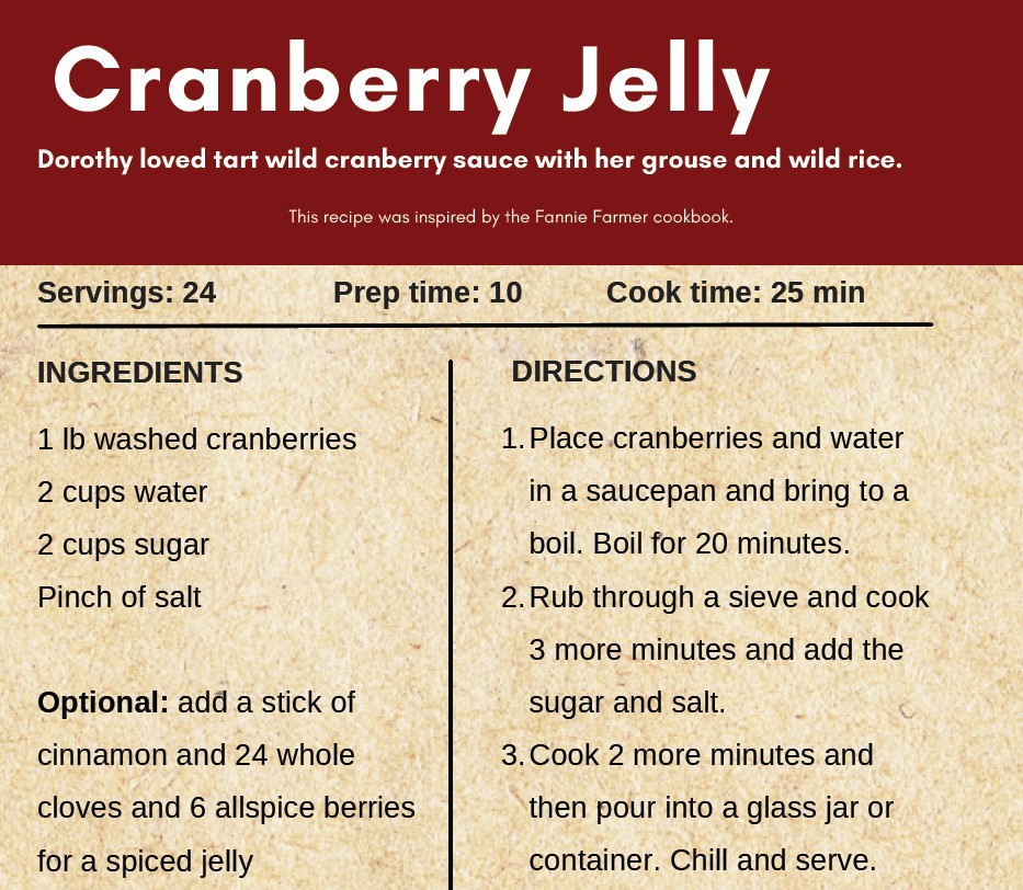 Cranberry Jelly recipe that was adapted from an existing recipe for an exhibit at the Dorothy Molter Museum
